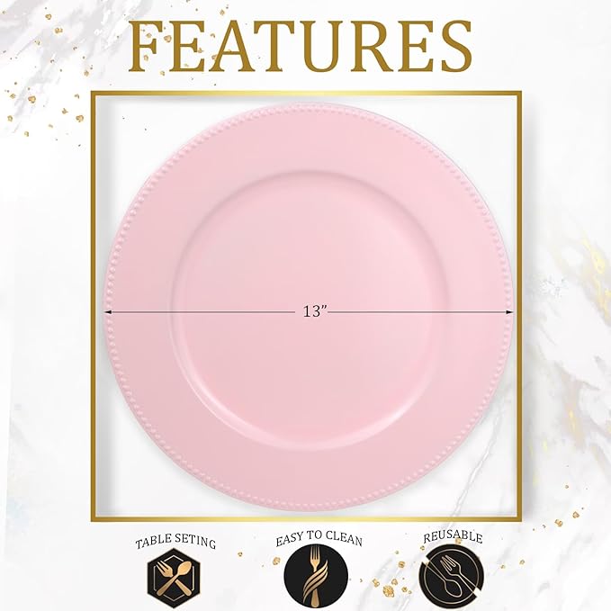 Set of 12 Plastic Pink Charger Plates, Elegant Chargers for Table Dinner Decoration, Wedding, Holiday,13"