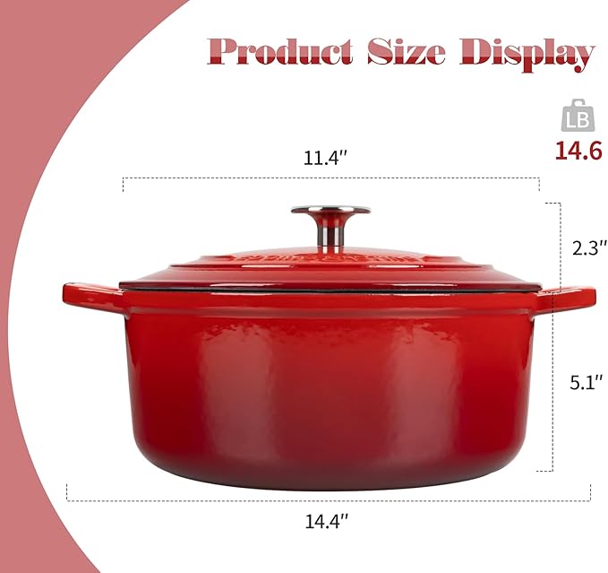 Enameled Cast Iron Dutch Oven Pot with Lid, 7 Quart, Round Dutch Ovens, Bread Oven Dual Handles, for Bread Baking, Oven Safe up to 500째F, Red