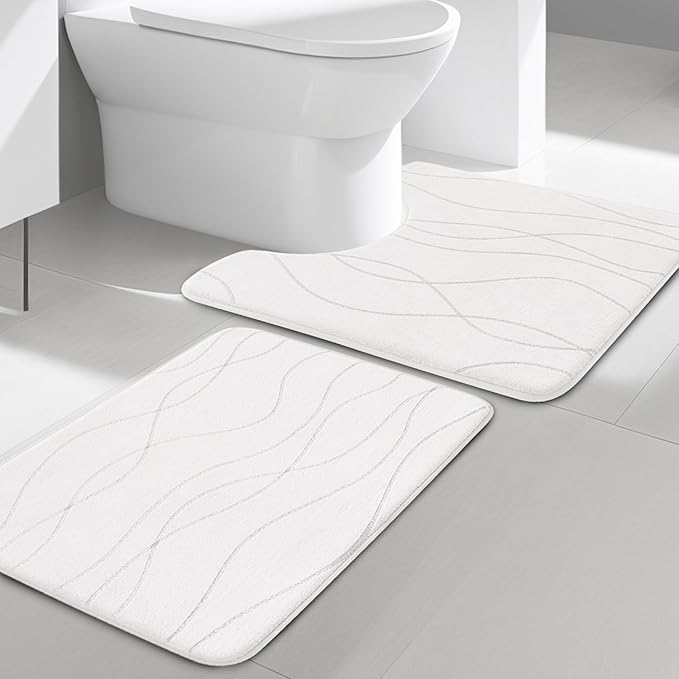 YIHOUSE Memory Foam Bathroom Rug Sets 2 Piece, Ultra Absorbent Bath Mat for Bathroom - Non-Slip Machine Washable & Dry Quickly, 2 Piece Bathroom Mat Set,White