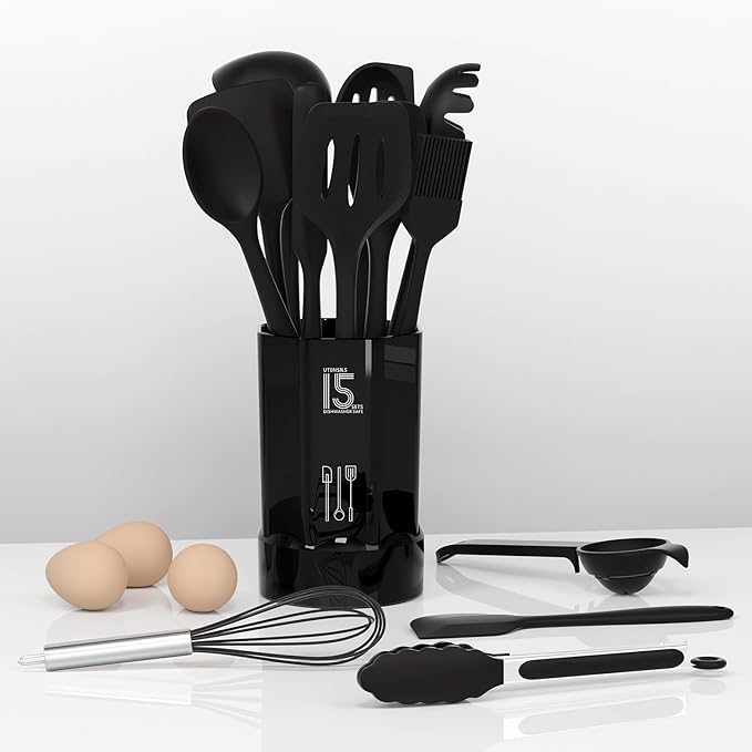 AOTHOD Silicone Cooking Utensils Set - 446째F Heat Resistant Kitchen Utensils,Turner Tongs,Spatula,Spoon,Brush,Whisk,Kitchen Utensil Gadgets Tools Set for Nonstick Cookware,Dishwasher Safe (BPA Free)