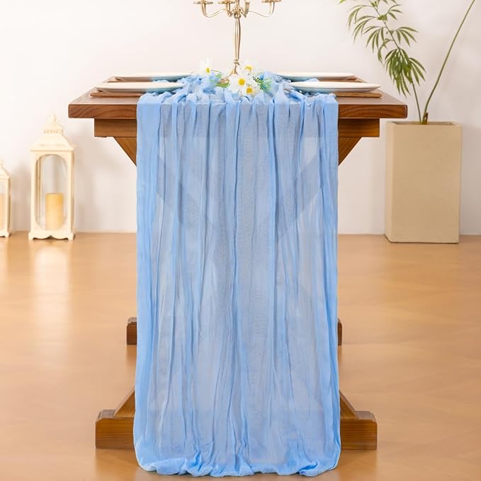 Socomi Blue Valentine's Day Cheesecloth Table Runner Light Blue Boho Rustic Gauze 120 inch 10FT Cheese Cloth Runner for Wedding Party Baby Shower Birthday Home Decor Holiday Decorations