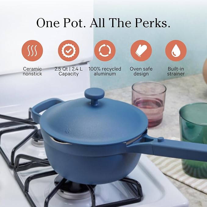 Our Place Mini Perfect Pot | 2.5 Qt Ceramic Pot with Lid & Spatula | Patented 8-in-1, PFAS-Free Nonstick, Non-Toxic Cookware | Induction & Oven-Safe up to 450째F | Blue Salt