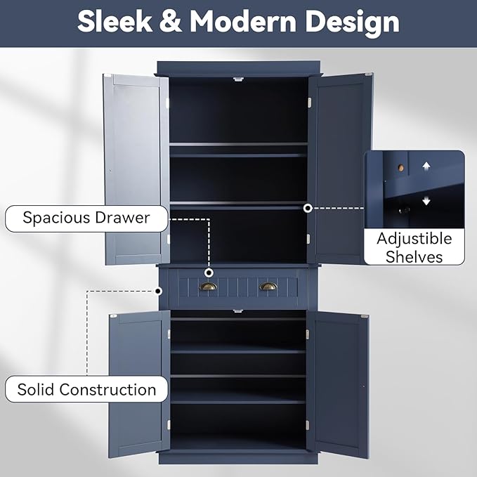 72" Kitchen Pantry Storage Cabinet, Freestanding Cupboard with 2 Cabinets, Drawer and Adjustable Shelves, Tall Storage Cabinet for Kitchen, Dinning Room, Living Room (Dusty Blue)