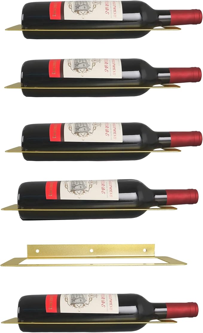 Wine Rack Wall Mounted, Black Metal Iron Hanging Wine Bottle Holder, Wall Display Rack for Standard Wine Bottles, Rustic Wine Storage for Kitchen and Home D챕cor, Set of 6 (Gold)
