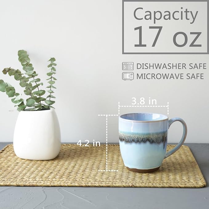 Bosmarlin Ceramic Coffee Mug Set of 4, 17 Oz, Stoneware Coffee Cups with Big Handle, Microwave Safe, Unique Reactive Glaze (17 Oz, Light Blue)
