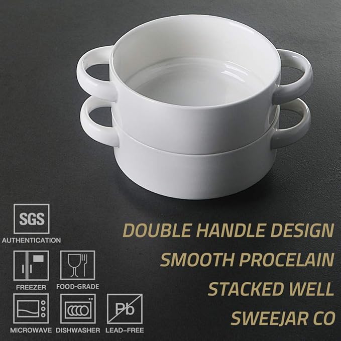 Sweejar Ceramic Soup Bowls with Double Handles, 20 Oz Stacked Bowls for French Onion Soup, Cereal, Pot Pies, Stew, Chill, Pasta, Set of 4(Beige)