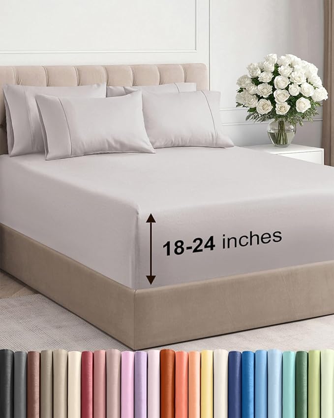 Extra Deep Cal King Sheet Set - 6 Piece Breathable and Cooling Sheets - Hotel Luxury Bed Sheets Set - Easy Fit - Soft, Wrinkle Free and Comfy Sheets Set - Light Grey Sheet Set with Extra Deep Pockets