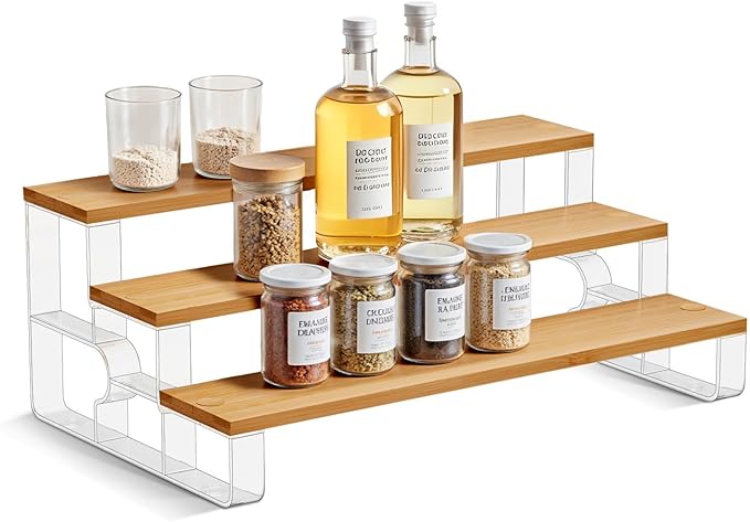 junyuan Spice Rack,3 Tier Spice Organization for Cabinet,Seasoning Organizer,Kitchen Counter Shelf,Bamboo Tiered Display Stand,Clear Extended Width 14"