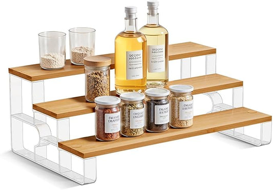 junyuan Spice Rack,3 Tier Spice Organization for Cabinet,Seasoning Organizer,Kitchen Counter Shelf,Bamboo Tiered Display Stand,Clear Extended Width 14"