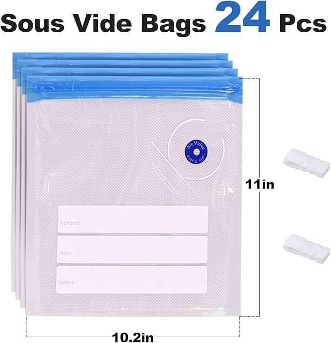 Sous Vide Bags 24 PCS 10"X11" Vacuum Zipper Sealer Bag for Food, Reusable Vacuum Seal Bags with Sealing Clips for Sous Vide Cooking,Freezer Safe,Microwave Heating and Food Storage