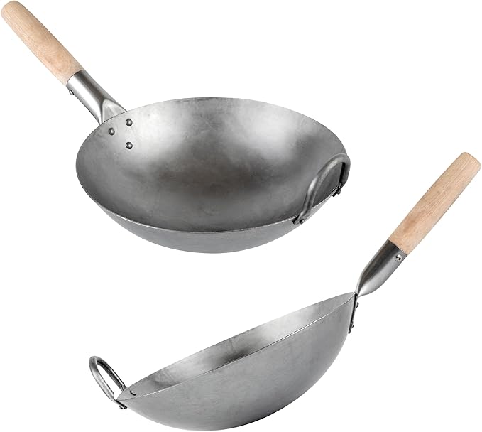 Motomori 12 Inch Hand-Hammered Carbon Steel Wok, 1 Traditional Japanese Wok - Round Bottom, Wooden Handle, Black Carbon Steel Traditional Stir Fry Pan, With Helper Handle - Restaurantware