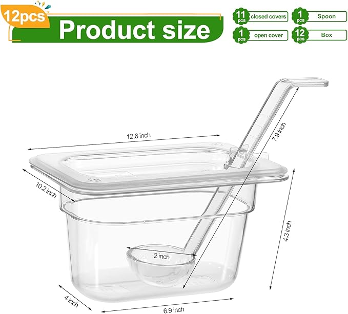 12 Pack Plastic Clear Food Pans with Lids, 1/9 Size 4'' Deep Commercial Stackable Polycarbonate Pans Hotel Food Storage Pan with 1 Pcs Spoon for Fruits Vegetables