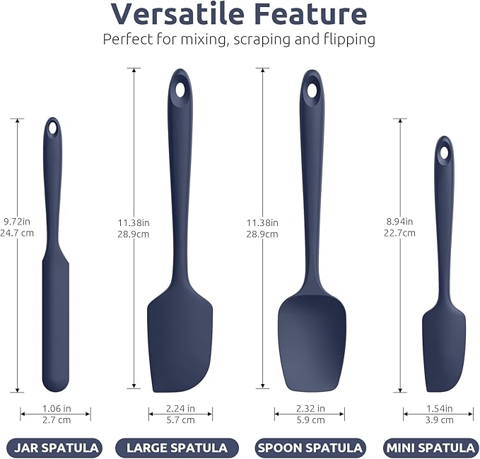 Heat Resistant Silicone Spatula Set: U-Taste 600쨘F High Temp Seamless Food Grade Food Grade Flexible Rubber Silicon Kitchen Cooking Mixing Baking Scraper for Nonstick Cookware Set of 4 (Midnight Blue)
