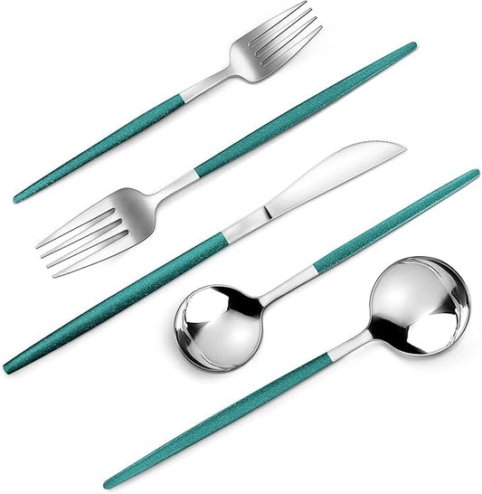 Mirror Silver Green Silverware Set, 20-Piece Stainless Steel Flatware Set, Satin Finish tableware Cutlery Set, Service for 4, Home and Restaurant, Dishwasher Safe