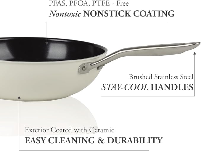 TeChef ValenCera Collectioin | Ceramic Nonstick Flat Bottom Wok Stir Fry Pan with Lid, Nontoxic - Free of PFOA, PTFE, PFAS, Induction Ready, Oven Safe, Made in Korea (Wok/Stir Fry Pan with Lid, 12-in)
