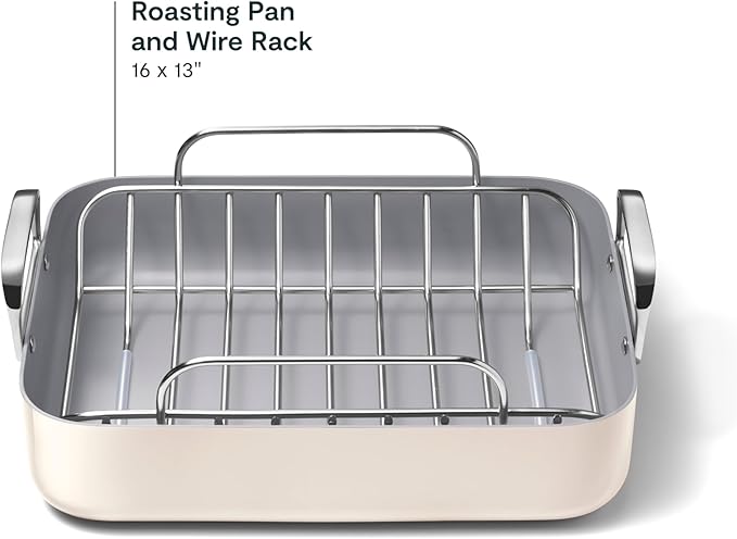 Caraway Roasting Pan - 16x13??Roasting Pan with Rack - Non-Stick Ceramic Coated - Non Toxic, PTFE & PFOA Free - Oven Safe & Compatible with All Stovetops - Cream
