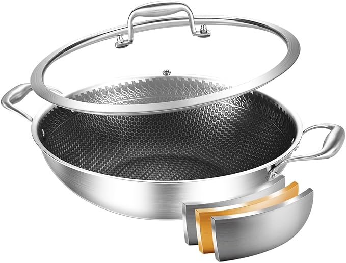 DELARLO Wok Pan With Lid 12 Inch Non stick wok,Oven Safe Up to 600??Woks & Stir-Fry Pans Nonstick,Tri-Ply Stainless Steel Wok, 5QT Nonstick Deep Frying Pan, Induction Saute Pan With Lid