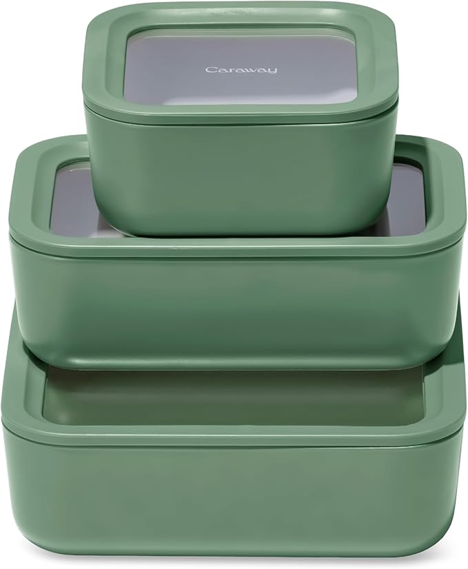 Caraway 3pc Glass Food Storage Set ??10 Cup, 6.6 Cup, & 4.4 Cup Food Containers - Ceramic Coated - Non Toxic Non Stick Lunch Box with Glass Lids - Dishwasher, Oven, & Microwave Safe - Sage