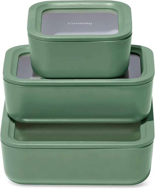 Caraway 3pc Glass Food Storage Set ??10 Cup, 6.6 Cup, & 4.4 Cup Food Containers - Ceramic Coated - Non Toxic Non Stick Lunch Box with Glass Lids - Dishwasher, Oven, & Microwave Safe - Sage