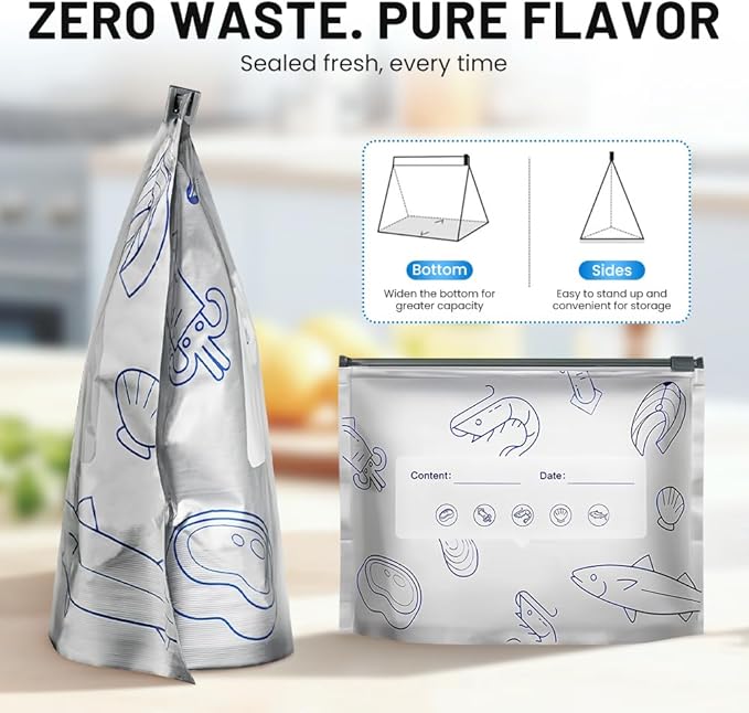 Reusable Aluminum Foil Sealable Storage Bags, 2026 New Resealable Vacuum Zipper Pouches for Food, Stand Up Foil Sealable Bags with Label and Zip Lock for Vegetable Fruit Meat (20Pcs, Small)