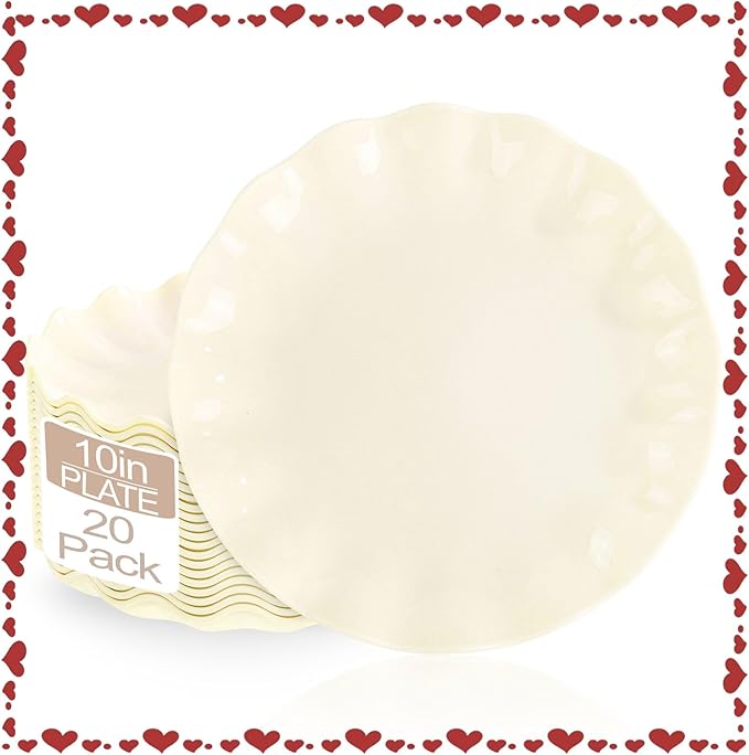 LIYH 20 Pcs 10 Inch Beige Plastic Plates Reusable - Unbreakable Plastic Scalloped Wavy Dinner Plates for Baby Shower Camping Party Outdoor Picnics Dishwasher Safe BPA Free