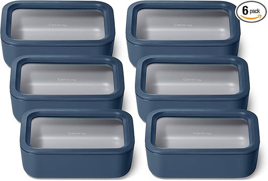 Caraway 6pc Glass Food Storage Set ??6.6 Cup Food Containers (6) - Ceramic Coated - Non Toxic, Non Stick with Lids - Microwave Safe - Navy