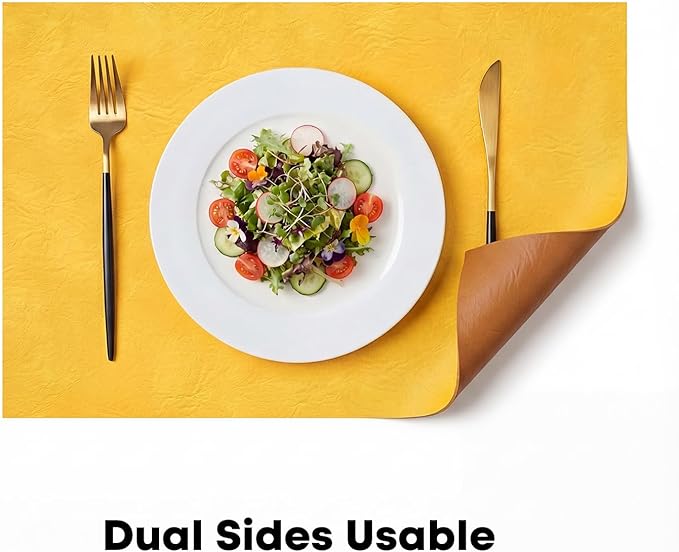 Artoid Mode Yellow Faux Leather Placemats Set of 4, 12x18 Inch Waterproof Wipeable Heat Resistant Place Mats, Reversible Table Mats for SummerKitchen Dining Decor