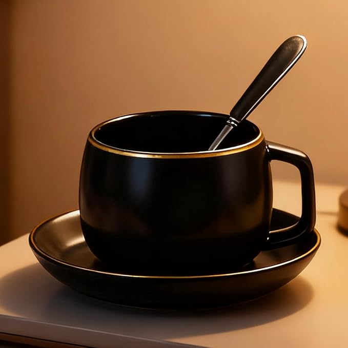 Ceramic Teacup and Saucer Set with Gold Trim Design 9.8oz Matte Plain Color Ceramic Coffee Mug Black
