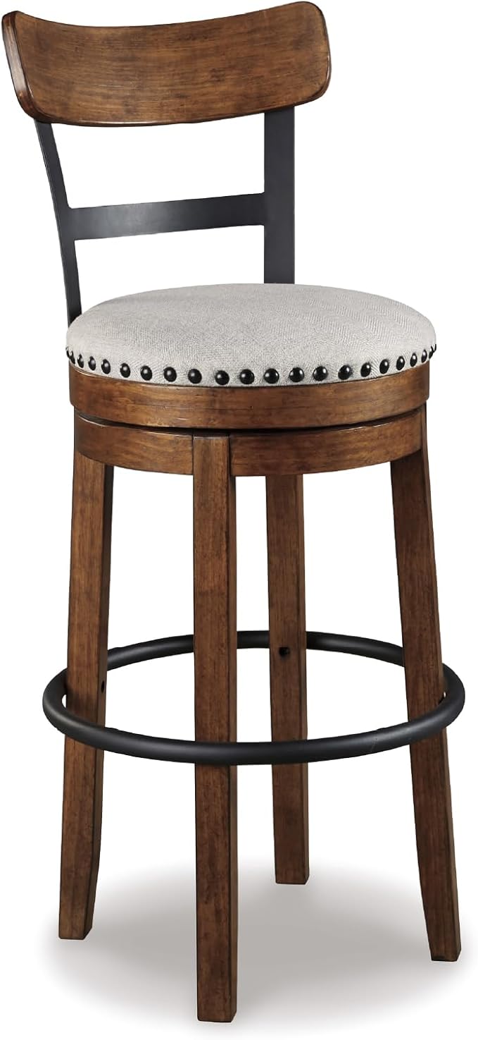 Signature Design by Ashley Valebeck | 30??Farmhouse Pub-Height Swivel Barstool With Back ??Upholstered Cushion, Nailhead Trim, Metal & Wood Frame, Brown