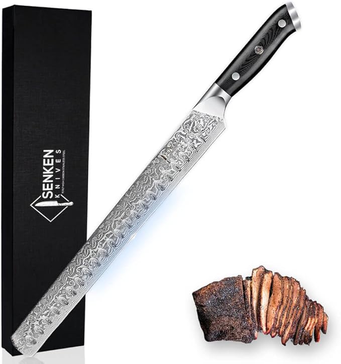 SENKEN 12" Damascus Steel Brisket Knife - Shogun Collection - 67-Layer Japanese VG10 Steel w/Full-Body G10 Military Grade Handle - Ultra Sharp Carving Knife for Brisket, Meat, Roasts, and Large Fruit