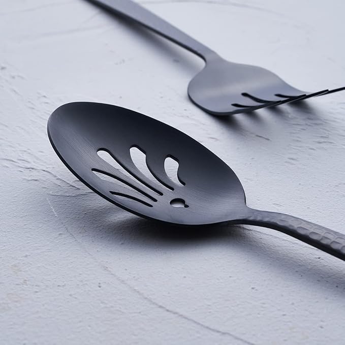 Stainless Steel Large Serving Set, Matte Black - 5-Piece Set Includes Spoon, Slotted Spoon, Fork, Pie Server and Butter Knife