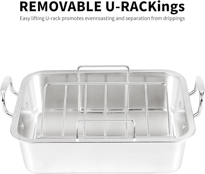 Roasting Pan with Cooling Rack - Stainless Steel Large Turkey Roaster Pan for Turkey, Chicken, Ham Roaster with V-Shaped Baking Rack Heavy Duty Dishwasher Safe
