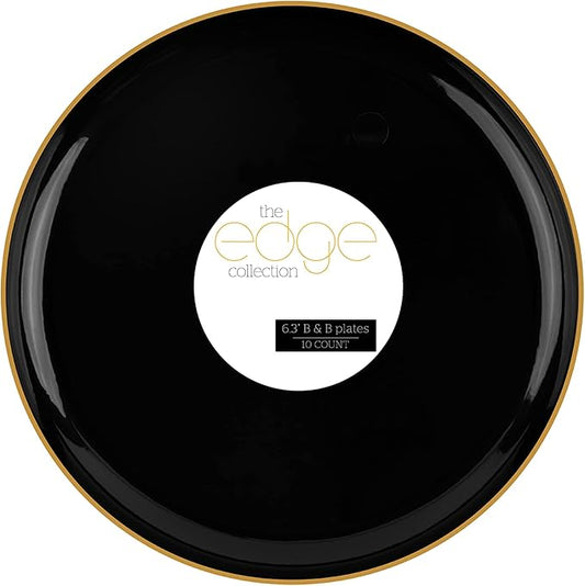 PLASTICPRO [30 pack 6.3 Plastic Party Plates Edge Collection Premium heavyweight Elegant Disposable Tableware Dishes (Black With Gold Rim