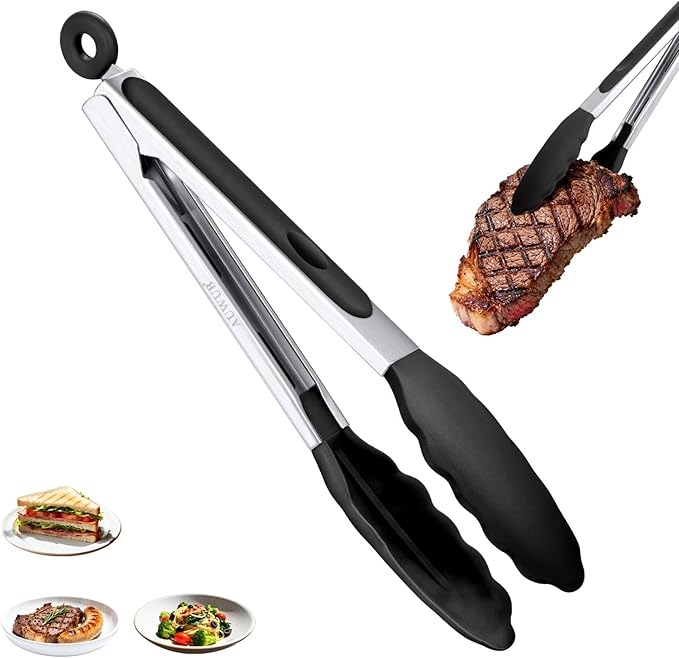 Salad Tongs, 7/9/12/16 Inch Silicone Food Tongs with 304 Stainless Steel Core, Easy-Grip, in Pistachio, Black, Blue, Orange, Red (Black, 9inch)
