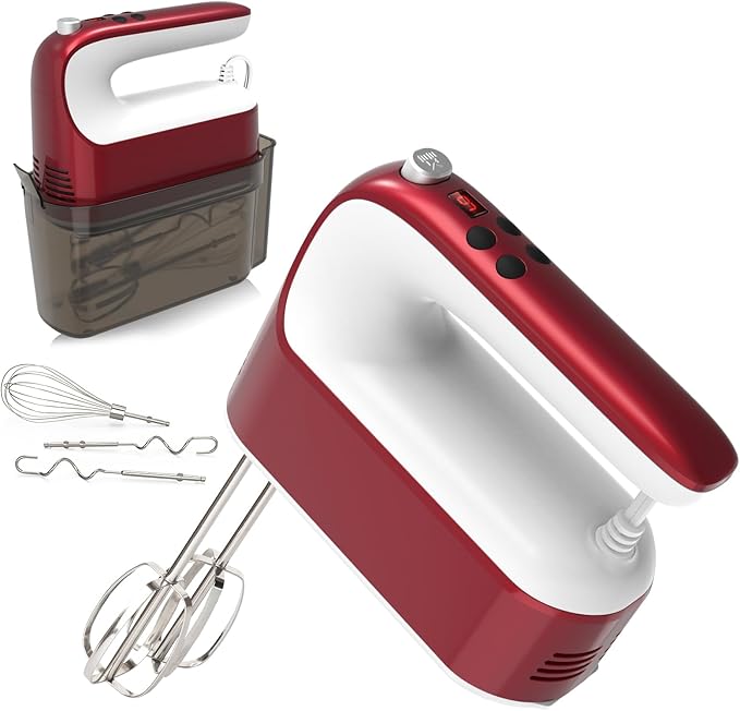9-Speed Digital Hand Mixer Electric, 400W Powerful DC Motor, Baking Handheld with Snap-On Storage Case, 5 Stainless Steel Accessories, Flat Beaters, Dough Hooks, Whisk(Red/White)
