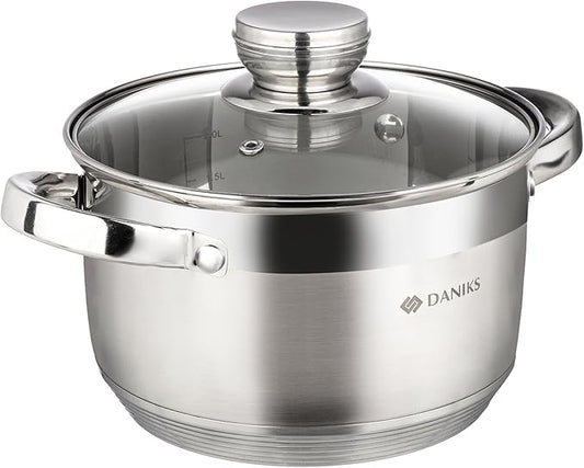 Daniks Standard 3 Quart Stainless Steel Stock Pot with Glass Lid, Try-Ply Bottom for Even Heating, Induction Compatible, Dishwasher Safe, Built-In Measuring Scale, Silver