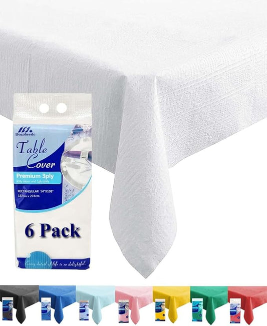 [6 Pack] White Paper Tablecloth Disposable for Rectangle Tables, 54 X 108 Inch Party Table Cover with Plastic Backing, Waterproof 3 Ply Table Cloth for Wedding Valentine's Day Parties
