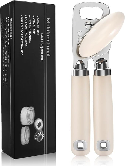 Can Opener Manual, Heavy Duty Stainless Steel Smooth Edge Can Opener With Soft Touch Handle, Oversized Handheld Easy Turn Knob, Multi-Function Bottle Opener, Beige