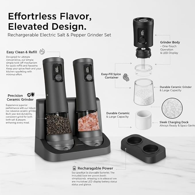 Electric Salt and Pepper Grinder Set With Battery Display Rechargeable Base, External Adjustable Coarseness, Automatic Ceramic Salt & Pepper Shakers Mills(Black Pro)