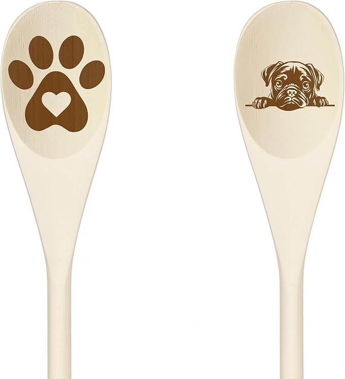 PUG Wooden Spoons for Cooking, Serving or Decorative Kitchen Utensils Set Dog Lover Dog Mom/Dad Gift with Peeking Dog Designs, Paw Print and Dog Head, Kitchen Utensils Set of 2