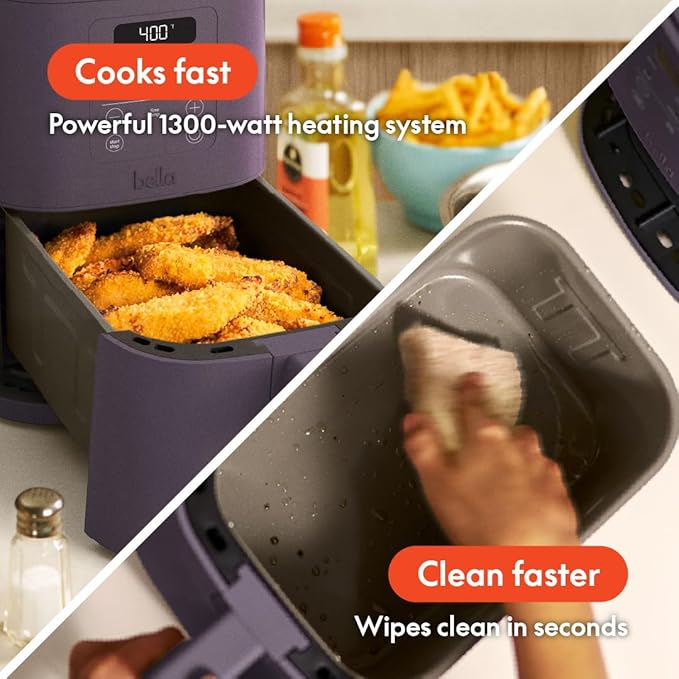 bella 4Qt Slim Air Fryer, Fits-anywhere??Kitchenware, EverGood??Ceramic Nonstick Coating, Adjustable Temperature, 6 Preset Cooking Options, 60 Min Auto Shutoff w Audible Tone, 3.3lb Capacity, Plum
