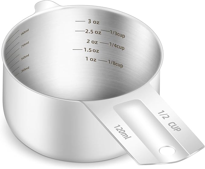 BERYLER 1PCS 1/2Cup (120ml, 4oz) Single Measuring Cup, Etched Inner Scale Stainless Steel Measure Scoop, Metric and US Measurement, Dishwasher Safe