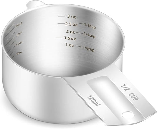 BERYLER 1PCS 1/2Cup (120ml, 4oz) Single Measuring Cup, Etched Inner Scale Stainless Steel Measure Scoop, Metric and US Measurement, Dishwasher Safe