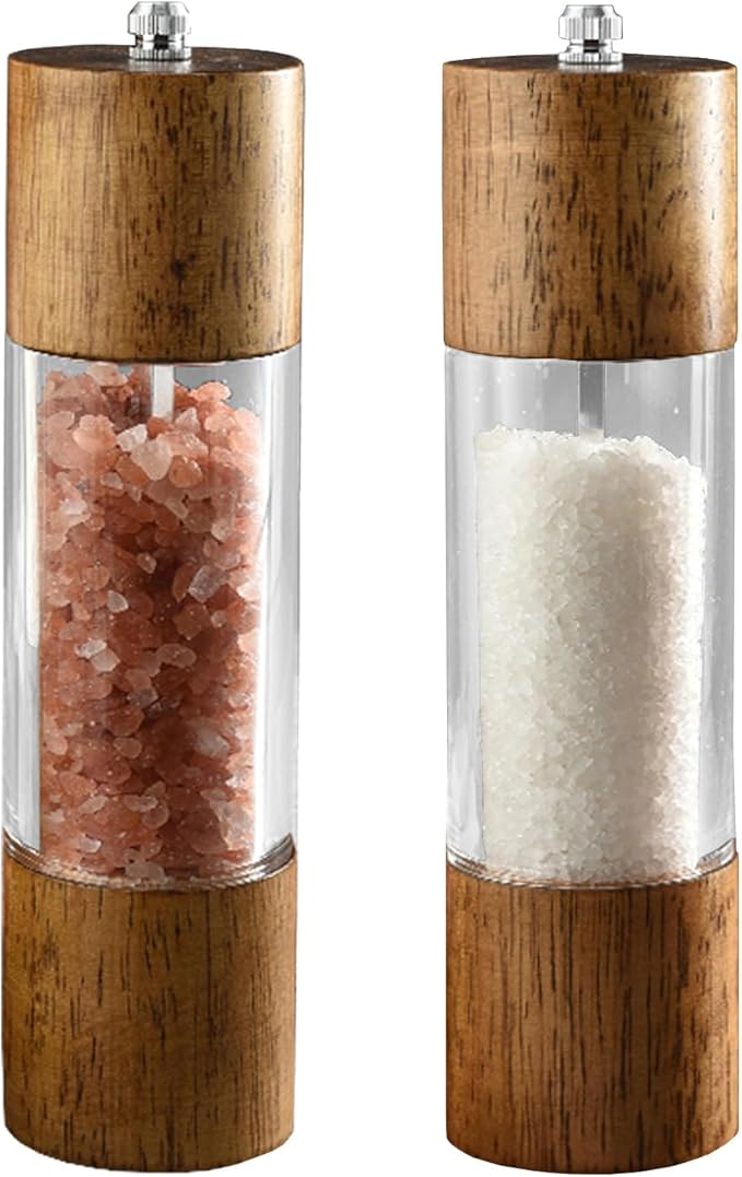 2Pcs Advanced Acrylic Salt and Pepper Grinder, Wooden Pepper Grinder, Durable Ceramic Grinder with Adjustable Thickness for Grinding