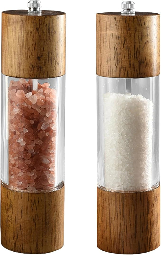 2Pcs Advanced Acrylic Salt and Pepper Grinder, Wooden Pepper Grinder, Durable Ceramic Grinder with Adjustable Thickness for Grinding