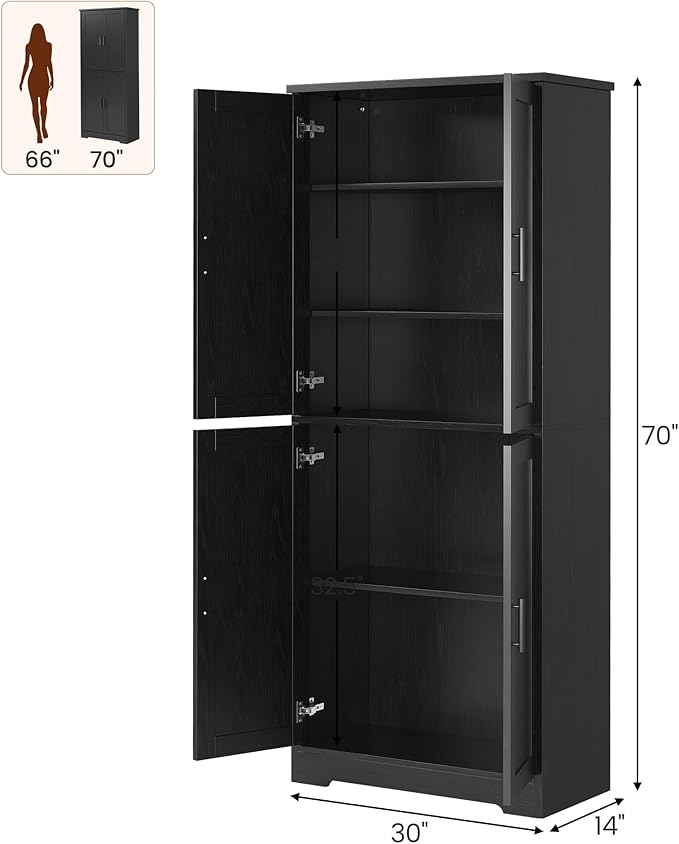 IDEALHOUSE Pantry Cabinet,70" Tall Kitchen Pantry Cabinet with 4 Doors and 3 Adjustable Shelves, Freestanding Cupboard, Modern Storage Cabinet for Bathroom, Dining Room, Living Room, Black