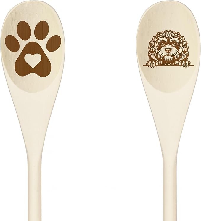 CAVAPOD Wooden Spoons for Cooking, Serving or Decorative Kitchen Utensils Set Dog Lover Dog Mom/Dad Gift with Peeking Dog Designs, Paw Print and Dog Head, Kitchen Utensils Set of 2