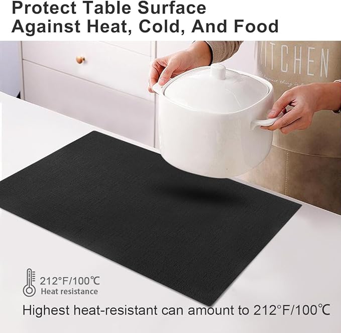 LANDVIEW Leather Heat Resistant Placemats Set of 6 Waterproof Wipeable Washable PU Table Mats,Easy to Clean Anti-Slip Place Mats (Black, 6)