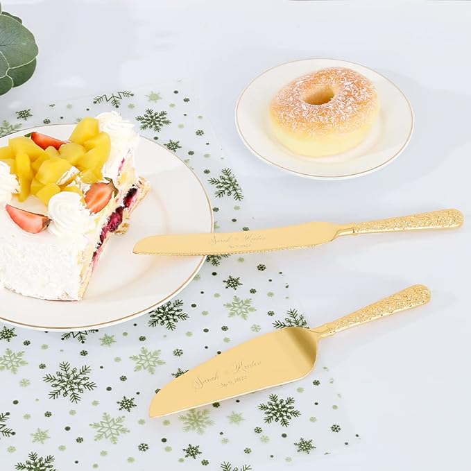 Wedding Cake Knife and Server Set, Personalized Gold Cake Cutting Set for Wedding, Engraved Classic Cake Knives Cutter Set, Pie Server, Birthday Bridal Quincea챰era Gift (CUS-Flower)