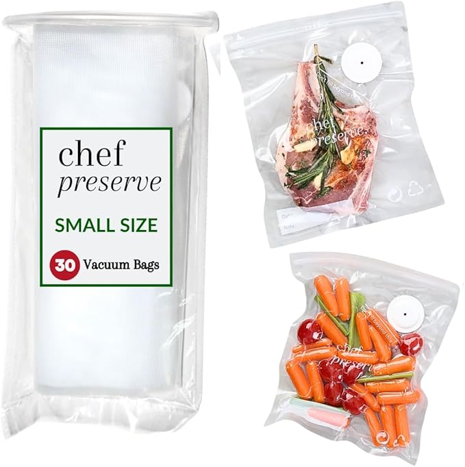 Chef Preserve Reusable Vacuum Sealer Bags for Food ??30 BPA-Free Small (8 x 10 in) Food Storage Bags, Freezer, Microwave ??Odor-Resistant, Leak-Proof ??Compatible with Chef Preserve Vacuum Sealers
